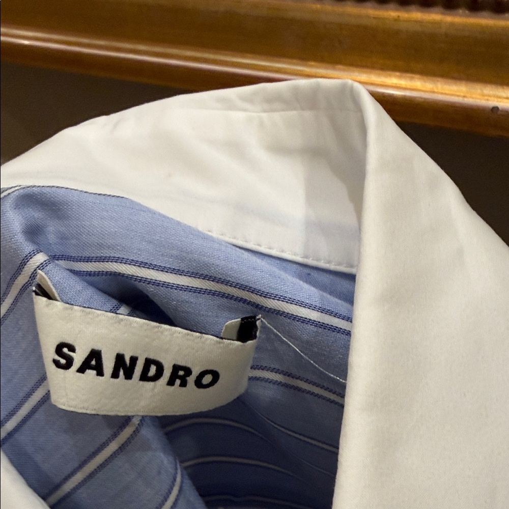 Sandro Light Blue Pinstripe Button-Up Shirt with White Collar - Picture 2 of 6